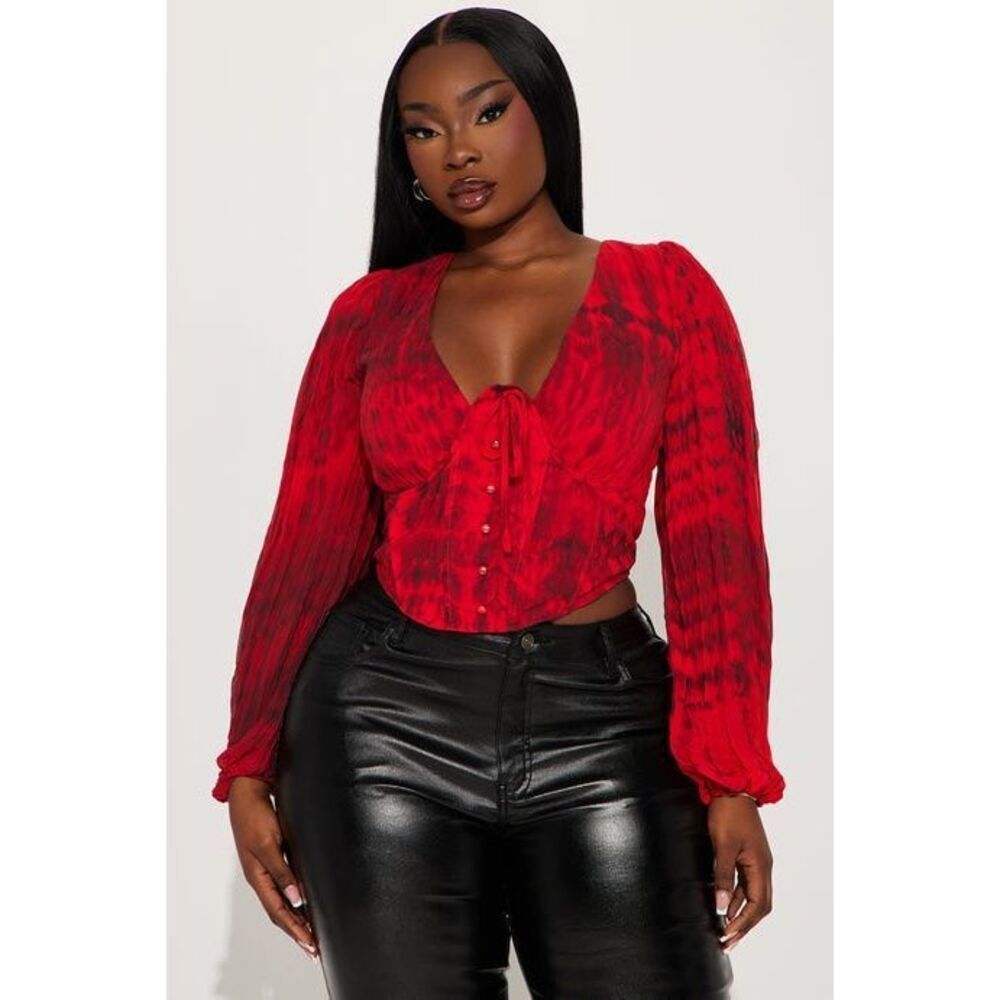 Fashion Nova Sign Of The Times Corset Top 1XL Red Black Sexy Balloon Sleeve